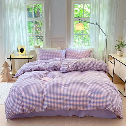 LifeTB Purple Gingham Comforter Set Full Modern Style Purple Pink Grid Plaid Comforter Soft Fluffy 3 Pieces Checkered Pattern Comforter Set Farmhouse Gingham Bedding Comforter with 2 Pillowcases