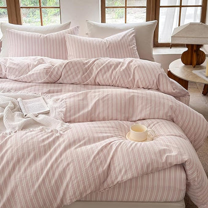 Striped Duvet Cover Set 100% Washed Cotton Linen Like Soft Feelling Breathable Bedding(Greyish Pink/White Strip,Twin)