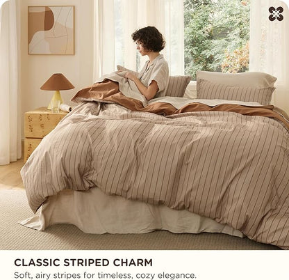 Bedsure Striped Duvet Cover King Size, 100% Washed Cotton PureWoven Duvet Cover Linen Like Textured, Classic Striped Pattern Enhances Bedroom Comfort and Style, Stripes Camel/Brown, 104"x90"