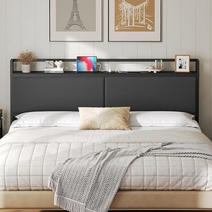 King Size Headboard Only with Storage Shelves, Upholstered Headboard with Charging Station, Height Adjustable, Sturdy and Stable, Vintage Style, Black