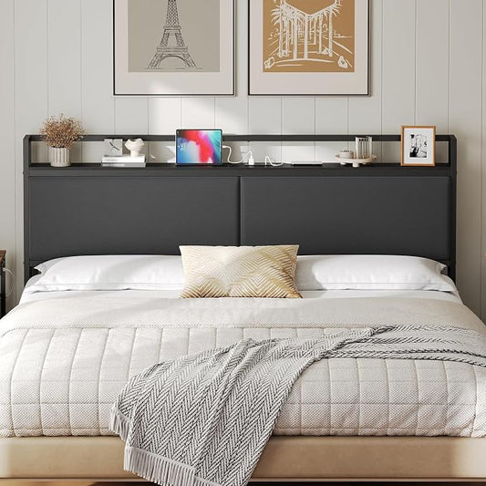 King Size Headboard Only with Storage Shelves, Upholstered Headboard with Charging Station, Height Adjustable, Sturdy and Stable, Vintage Style, Black