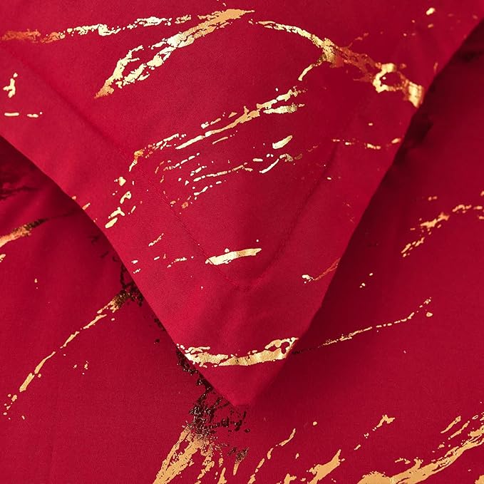 WONGS BEDDING Red Gold Metallic Marble Comforter Set Queen,Red Christmas Bedding Sets with 2 Pillowcases for All Seasons, Soft Microfiber Filling Bedding Duvet Set 90"x90"