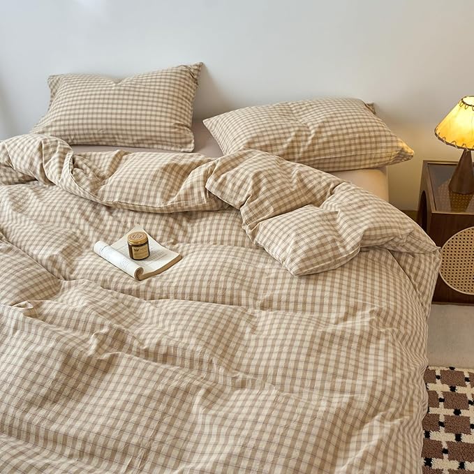 EAVD Vintage Style Brown&Beige Plaid Duvet Cover Queen Soft 100% Washed Cotton Chic Checkered Gingham Bedding Set with 2 Pillowcases Farmhouse Brown Gingham Duvet Cover with Zipper Closure