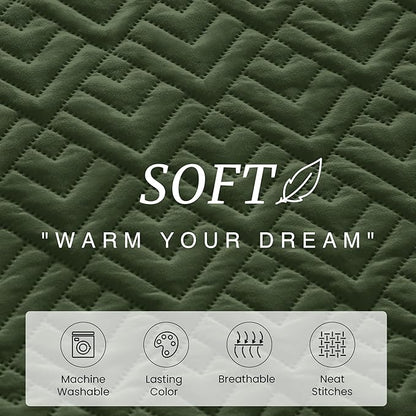 EXQ Home Quilt Set Twin Size Olive Green 2 Piece,Lightweight Soft Coverlet Modern Style Squares Pattern Bedspread Set(1 Quilt,1 Pillow Sham)