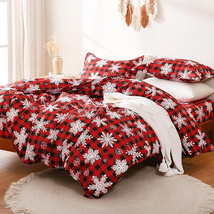 JSD Red Buffalo Plaid Snowflakes Duvet Cover Set Full Size, 3 Piece Christmas Winter Printed Microfiber Duvet Comforter Covers
