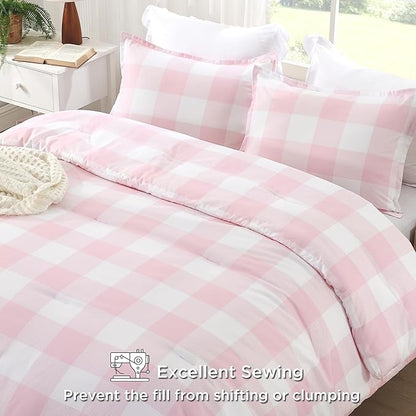 Andency Pink Checkered Comforter Twin(66x90Inch), Plaid Gingham Buffalo Plaid Grid Bedding Sets for Girls Kids Women Kids Teens, 2 Pieces Lightweight Polyester Geometric Preppy Bed Set