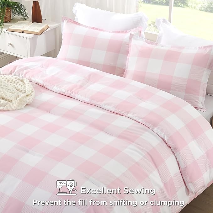 Andency Pink Checkered Comforter Full(79x90Inch), Plaid Gingham Buffalo Plaid Grid Bedding Sets for Girls Kids Women Kids Teens, 3 Pieces Lightweight Polyester Geometric Preppy Bed Set