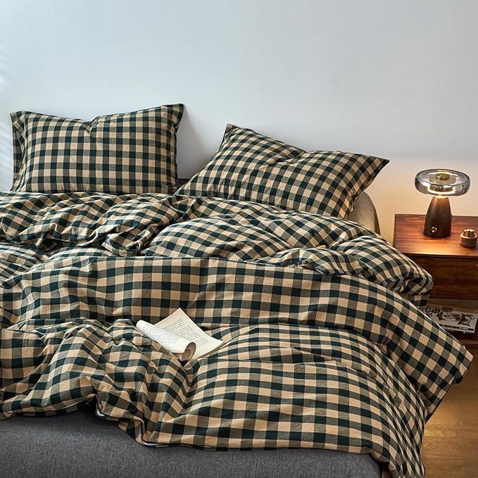 EAVD Vintage Style Beige&Green Plaid Duvet Cover Set King 100% Washed Cotton Like Linen Feel Soft Grid Checkered Bedding Set with 2 Pillowcases Farmhouse Geometric Pattern Duvet Cover with Zipper