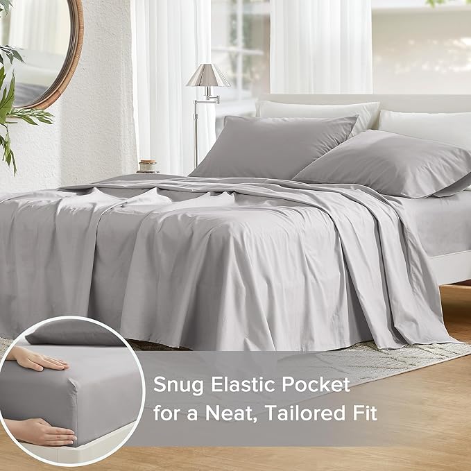 Comfort Spaces 100% Cotton Sheet Set Breathable, Lightweight, Soft with 14" Elastic Pocket Fits up to 16" Mattress, All Season Cozy Bedding, Matching Pillow Case, Cal King Grey 4 Piece
