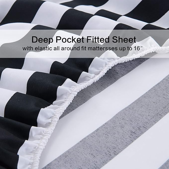Best Season Queen Size Stripe Sheet Set-4 Piece Super Soft Microfiber Bedding-Deep Pocket, Stain, Fade & Wrinkle Resistant(Black&White)