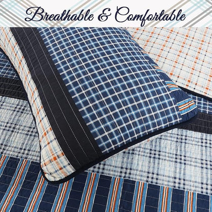 Cozy Line Home Fashions Bennett Quilt Bedding Set, Navy Orange Grid Striped 100% Cotton Reversible Coverlet Bedspread (Navy Orange, Queen - 3 Piece)