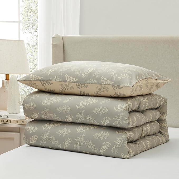 Nestl Twin/Twin XL Comforter Set - Grey Bed in a Bag Twin, 2 Pieces Reversible Bed Set, Soft Floral Bedding Set for College Dorm, All Season Botanical Comforters with Pillow Sham