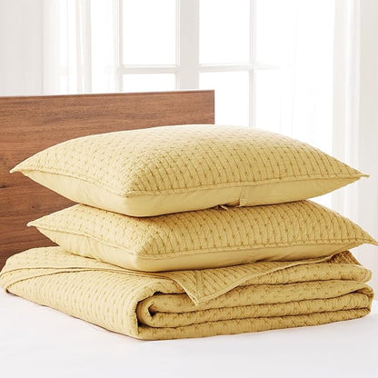 Levtex Home Cross Stitch Reversible Twin Bedspread Set (84x104in) with 1 Pillow Sham (26x20in) - Stitch Texture - Ochre - Cotton Twin Size Bedspread Set - Lightweight, Soft, Pre-Washed