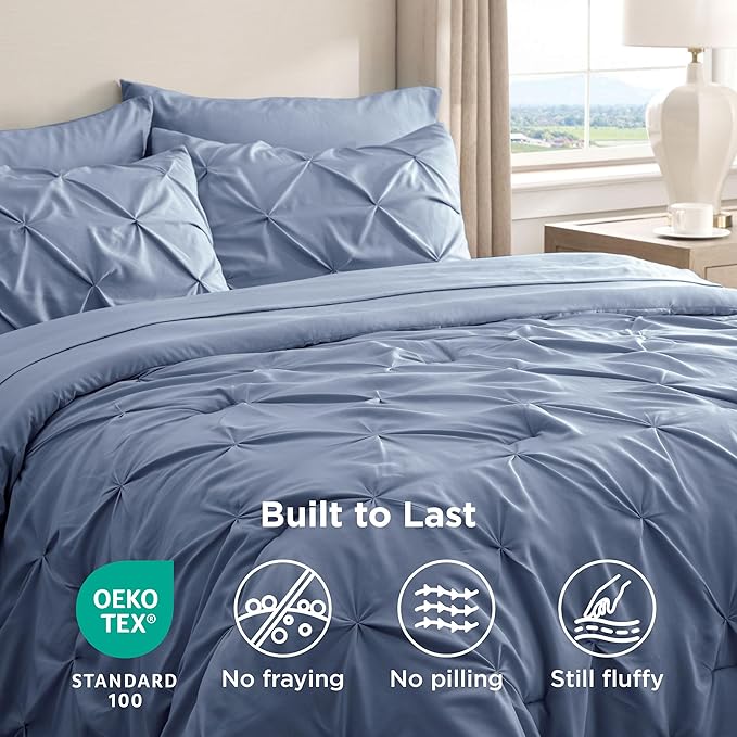 Bedsure Twin Comforter Set Slate Blue - Bed in a Bag Twin Size Bedding 5 Pieces, GentleSoft™ Pintuck Bed Set Gift for Family, Pinch Pleat Slate Blue Comforter with Sheets, Pillowcase & Sham