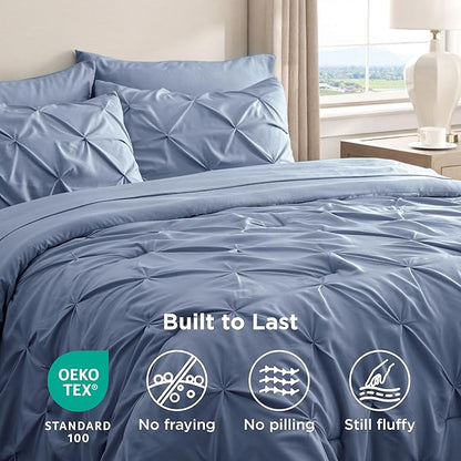 Bedsure Twin Comforter Set Slate Blue - Bed in a Bag Twin Size Bedding 5 Pieces, GentleSoft™ Pintuck Bed Set Gift for Family, Pinch Pleat Slate Blue Comforter with Sheets, Pillowcase & Sham