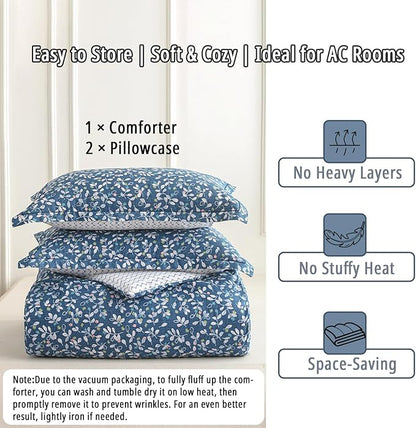 Blue Floral Cotton Comforter Queen Size - White Leaves with Delicate Soft Green & Blush Floral Print, Blue Chevron on White Reverse – 3PC Lightweight Bedding Set with Soft Fill(90"×90")