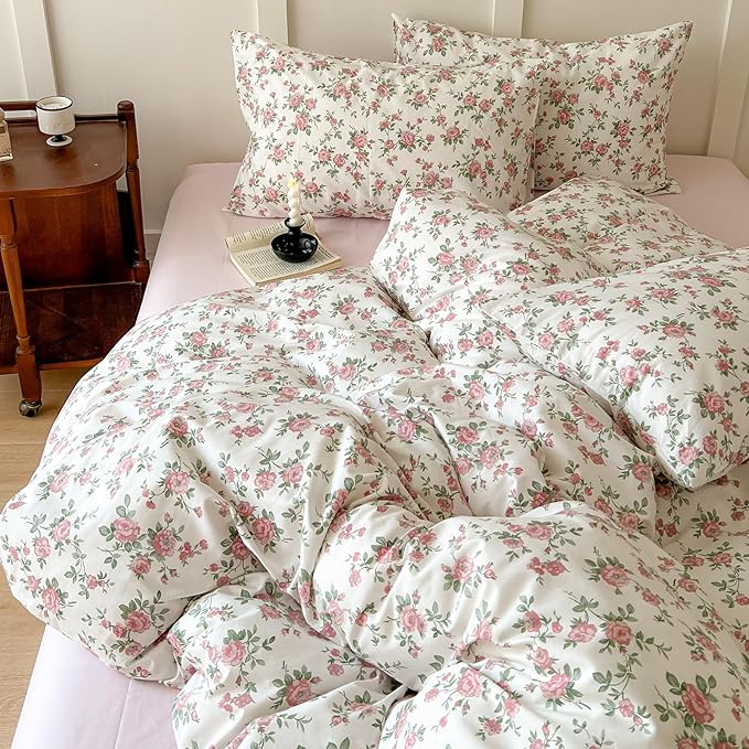 VM VOUGEMARKET Pink Floral Comforter Set Full 3 Pcs Vintage Peach Blossom Down Comforter with 2 Pillowcases All Season Soft Fluffy & Lightweight Comforter Set for Girls Women 80"x90"