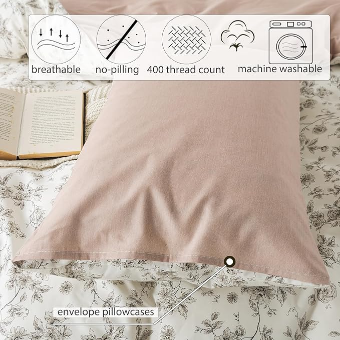 Zusbest 100% Cotton Tan Floral Pillowcases Standard Size Set of 2, 19''×29'', Queen Size Beige Vintage Toile Flower Printed Pillow Covers Soft Envelope Queen Pillowcase Protectors