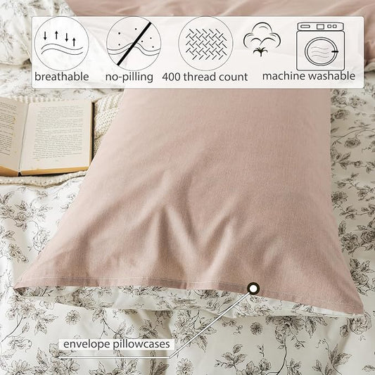 Zusbest 100% Cotton Tan Floral Pillowcases Standard Size Set of 2, 19''×29'', Queen Size Beige Vintage Toile Flower Printed Pillow Covers Soft Envelope Queen Pillowcase Protectors