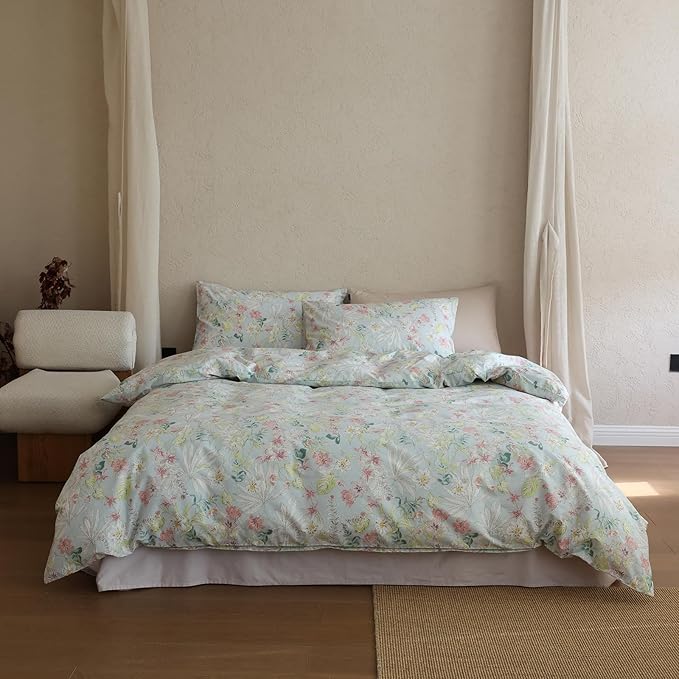 Floral Comforter Set King Cotton Down Alternative Bedding Set Girls Lightweight Boho Cute Bedding Comforter Sets Flower Fluffy Farmhouse Vintage Bed Comforter with 2 Pillowcases