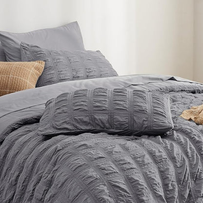 Bedsure Bed in a Bag Full - 7 Pieces Plaid Seersucker Bedding Comforter Sets, Soft Lightweight Grey Boho Bed Set with Comforters Full Size, Sheets, Pillowcases & Shams