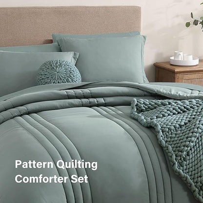 Monbix Super King Size Comforter Set - 7 Pieces Sage Green Bed in a Bag Super King Bedding Sets with Comforters, All Seasons Comforter Bed Set with Sheets,Pillowcases & Shams