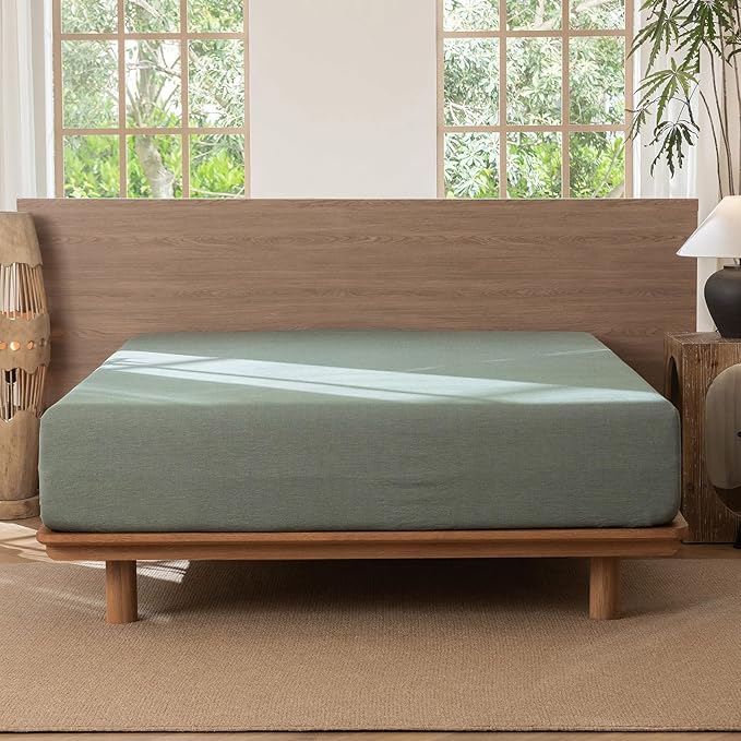 MooMee Fitted Bottom Sheet Only 100% Washed Cotton Linen Like Textured Breathable Durable Soft Comfy Deep Pocket Fits Mattress up to 17" (Heathered Green, Twin)
