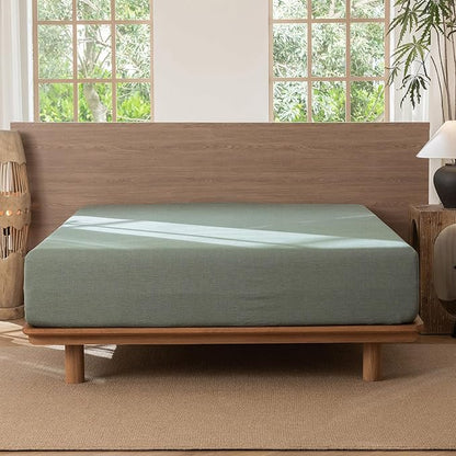 MooMee Fitted Bottom Sheet Only 100% Washed Cotton Linen Like Textured Breathable Durable Soft Comfy Deep Pocket Fits Mattress up to 17" (Heathered Green, Queen)