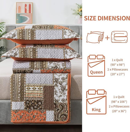 BEDIFANY Cotton California King Size Quilt for Farmhouse- Fall Patchwork Bedspread Set - Highly-Woven Soft Reversible Oversized King Size Coverlet for All Seasons (Floral Orange) 3 Pieces