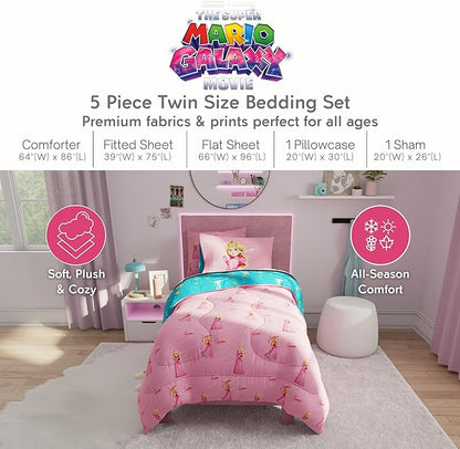 The Super Mario Galaxy Movie Bedding Set, Twin Size 5 Piece Set Kids Super Soft Cozy Reversible Comforter and Sheet Set with Sham, Princess Peach (100% Officially Licensed Product) by Franco