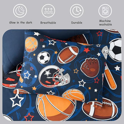 Twin Kids Comforter Set - 5 Pieces Twin Bedding Sets for Boys Teen, Glow in The Dark Sports Ball Games Bed in A Bag with Sheets