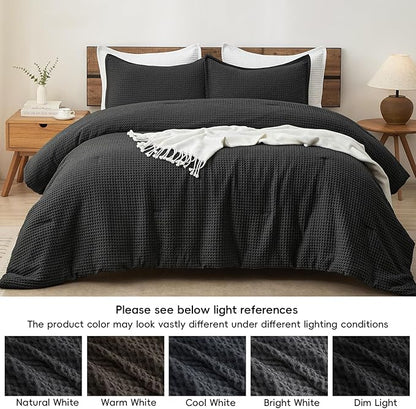 PHF Ultra Soft Waffle Weave Comforter Set King Size, 3 Pieces Lightweight Breathable Comfy Bedding Set, Comfy Textured 1 Comforter with 2 Pillow Shams, Black