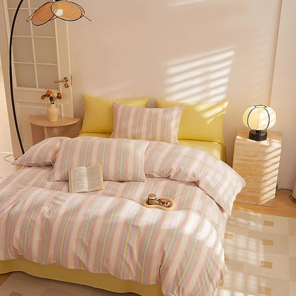 EAVD Retro Striped Comforter Set Queen Multicolor Soft 100% Washed Cotton Chic Colorful Striped Bedding Set with 2 Pillowcases Reversible Farmhouse Geometric Pattern Comforter Set for All-Season