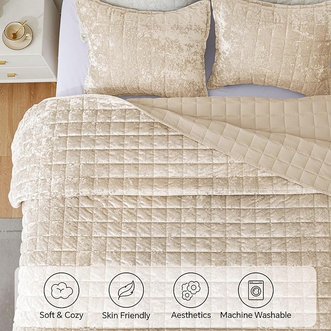 BEDELITE Velvet Quilt Set King Size - Luxury Velvet Comforter Bedding Set 3 Pieces, Lightweight Soft Cozy Shiny Urban Taupe Oversized Bedspread Coverlet for All Seasons with 2 Pillow Shams