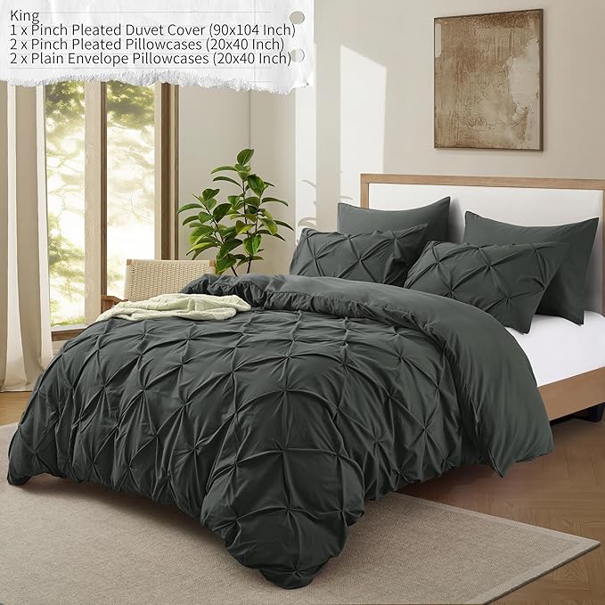 VACVELT 5 Piece Pinch Pleated Duvet Cover King Size Set, Charcoal Black Pintuck Duvet Cover with Zipper & 8 Ties, Shabby Chic Microfiber + 2 Pillow Shams + 2 Pillowcases, No Comforter