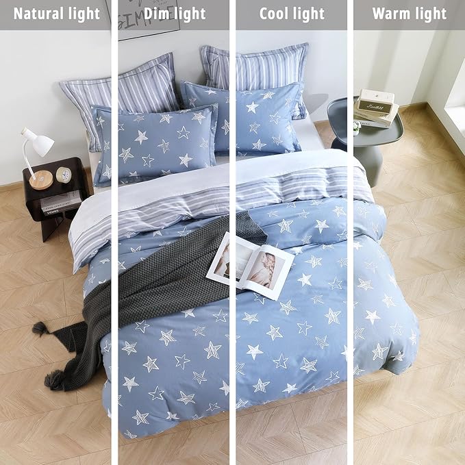 Blue Cotton Comforter Twin Size 2Pcs - White Doodle Style Stars on Denim Blue Front, Gray Stripes on Back, Reversible Lightweight Bedding Sets with Soft Fill(1 Comfoter, 1 Pillowcase)