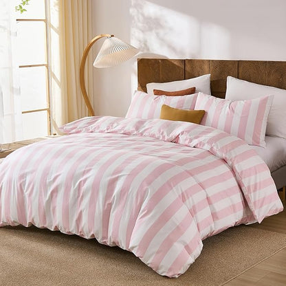 Merryword Pink and White Striped Duvet Cover Set Queen Size, 100% Cotton Bedding Set with Zipper Closure & 8 Corner Ties, Luxury Linen Like Bedding, Soft Breathable Comforter Cover for All Seasons