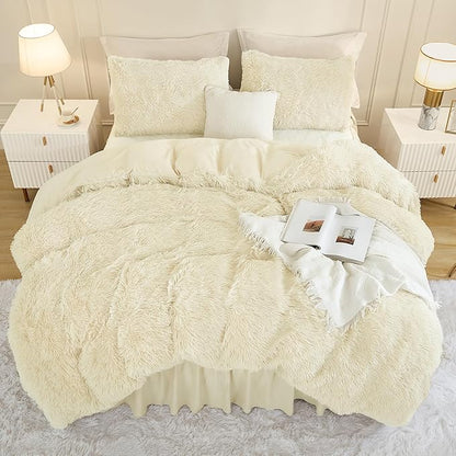 Andency Faux Fur Beige Comforter Set Queen Size, 3 Pieces Fluffy Fuzzy Plush Bedding Comforter Set (1 Shaggy Velvet Comforter & 2 Pillowcases), Soft Puffy Comfy Down Alternative Comforter Bedding Set