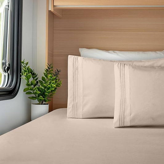 Elegant Comfort Luxurious 1500 Premium Hotel Quality Microfiber Three Line Embroidered Softest 4-Piece Bed Sheet Set, Wrinkle and Fade Resistant, RV Short Queen, Cream