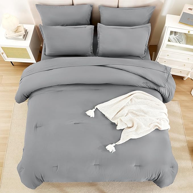 Litanika Full Size Comforter Sets Medium Gray - 7 Pieces Bed in a Bag Full Bedding Comforter Sets, Solid Lightweight Bed Set with Comforter, Sheets, Pillowcases & Shams