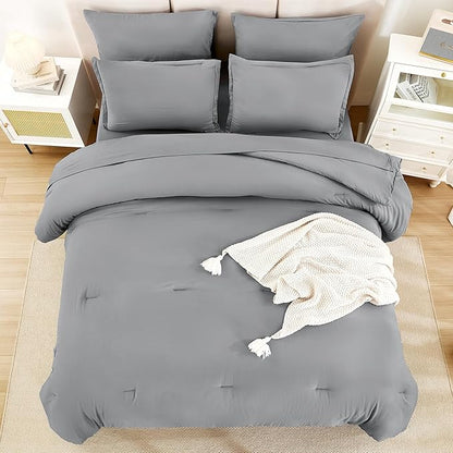 Litanika Full Size Comforter Sets Medium Gray - 7 Pieces Bed in a Bag Full Bedding Comforter Sets, Solid Lightweight Bed Set with Comforter, Sheets, Pillowcases & Shams