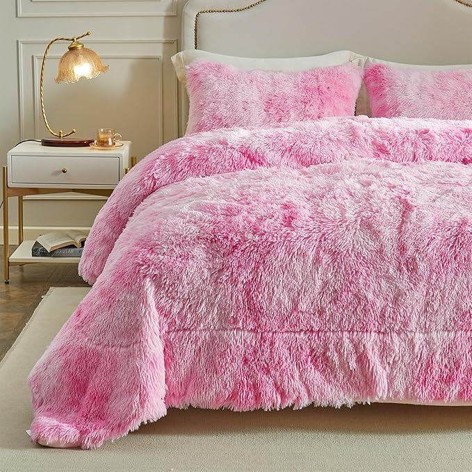 Wajade Faux Fur Plush White Comforter Set Fluffy Fuzzy Shaggy Bedding Set - 3PC Full/Queen Microfiber Soft Warm Quilt Set (Pink, King)