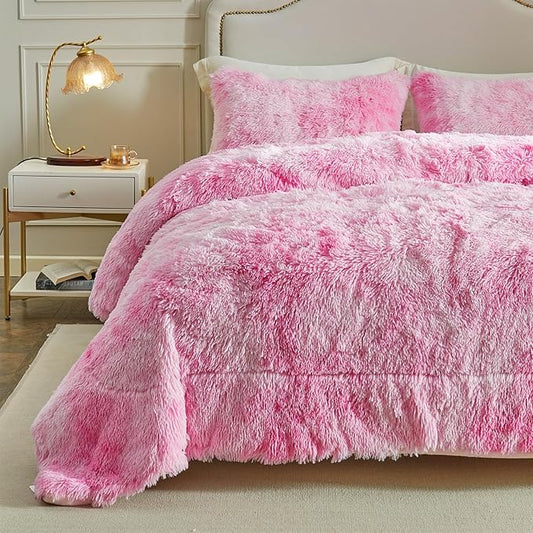 Wajade Faux Fur Plush White Comforter Set Fluffy Fuzzy Shaggy Bedding Set - 3PC Full/Queen Microfiber Soft Warm Quilt Set (Pink, King)
