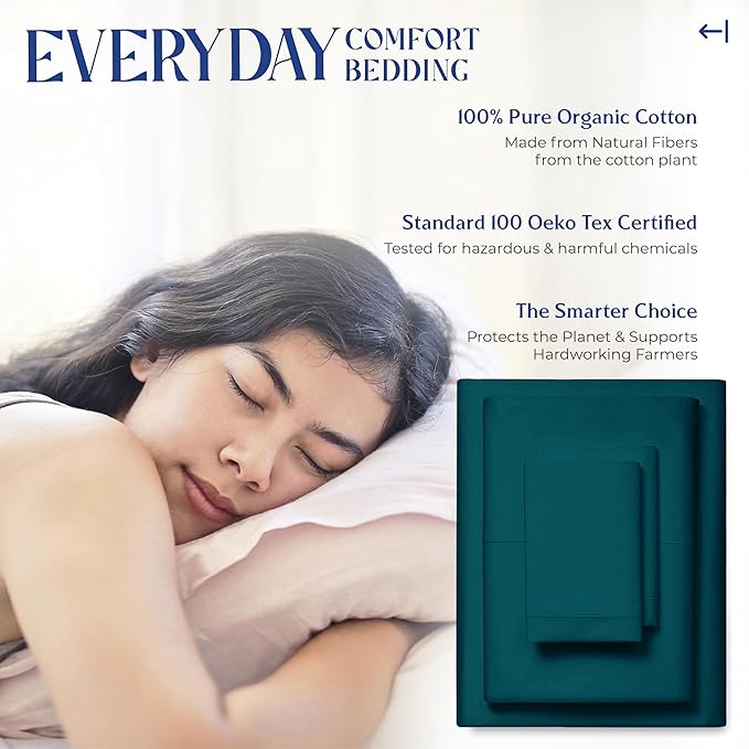 Mayfair Linen 100% Organic Cotton Sheets King Size - Organic Cotton Percale Sheets King Size (4 PC, Teal), Soft, Crisp, Cooling & Breathable 16" Deep Pocket Hotel Bed Sheet Set - GOTS Certified