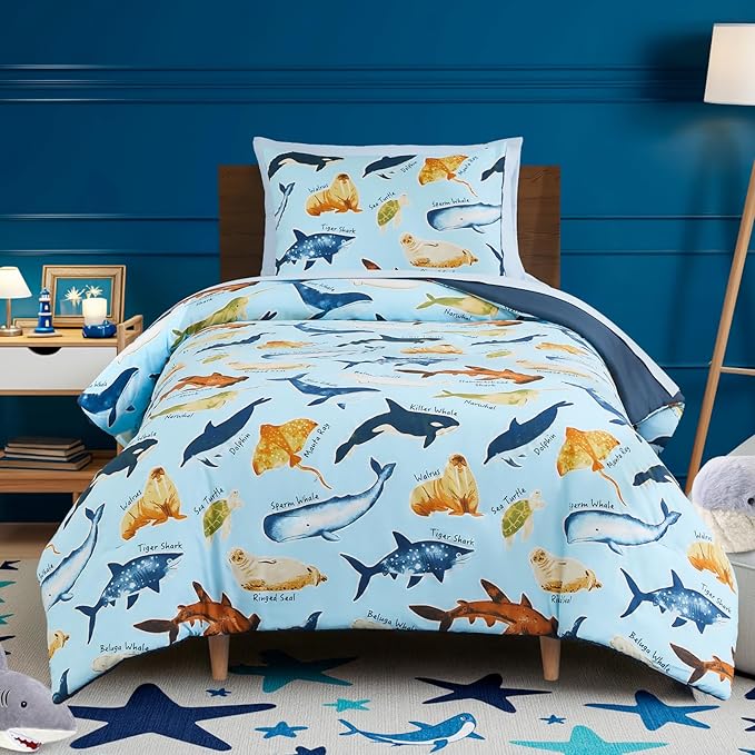 Twin Comforter Set for Boys Kids - 5 Pieces Glow in The Dark Ocean Animals Twin Bedding Sets for Kids, Ultra Soft Bed in A Bag with Sheets