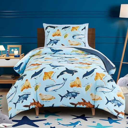 Kids Comforter Set Twin Size for Boys, Glow in The Dark Sea World Bedding Set 1 Comforter, 1 Decor Pillow, 1 Pillow Shams