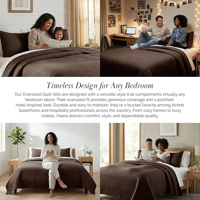 Southshore Fine Living, Inc. Twin XL Bedspread Quilt Set, Dorm Room Bedding Essentials, Stain Resistant, Machine Washable Bed Spread, XL/Twin Brown Comforter Set w/Pillow Sham, Chocolate Brown