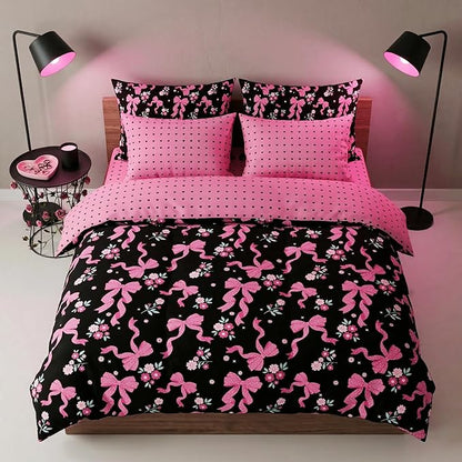 Pink Bow Comforter Set Twin Size, Black Pink Love Heart Bedding Set, 2 Pcs Soft Microfiber Priness Bed Set with 1 Pillowcase, 68"x86"