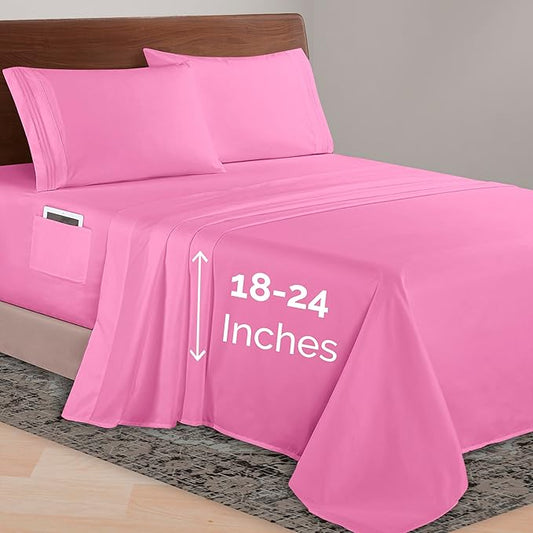 Elegant Comfort Luxurious 1500 Premium Hotel Quality Microfiber 4-Piece Sheet Set, 18-24 Inches Deep - Extra Deep Pocket Sheets - Ultra Soft 4PC Deep Pocket Sheets, Full, Light Pink