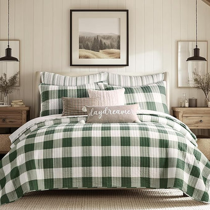 Levtex Home Camden Green Reversible Full/Queen Quilt Set (88x92in) with 2 Pillow Shams (26x20in) - Buffalo Check - Green - Cotton Queen Size Quilt Bedding Set - Lightweight, Soft, Pre-Washed